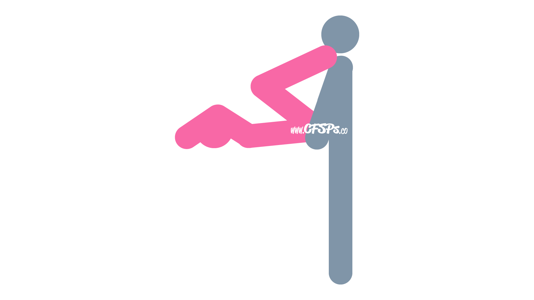 This stick figure image depicts a man and woman having sex in the Butterfly sex position. The woman is lying on her back with her butt at the edge of the bed. The man is standing before her; her knees are bent, and her feet are resting on his shoulders.