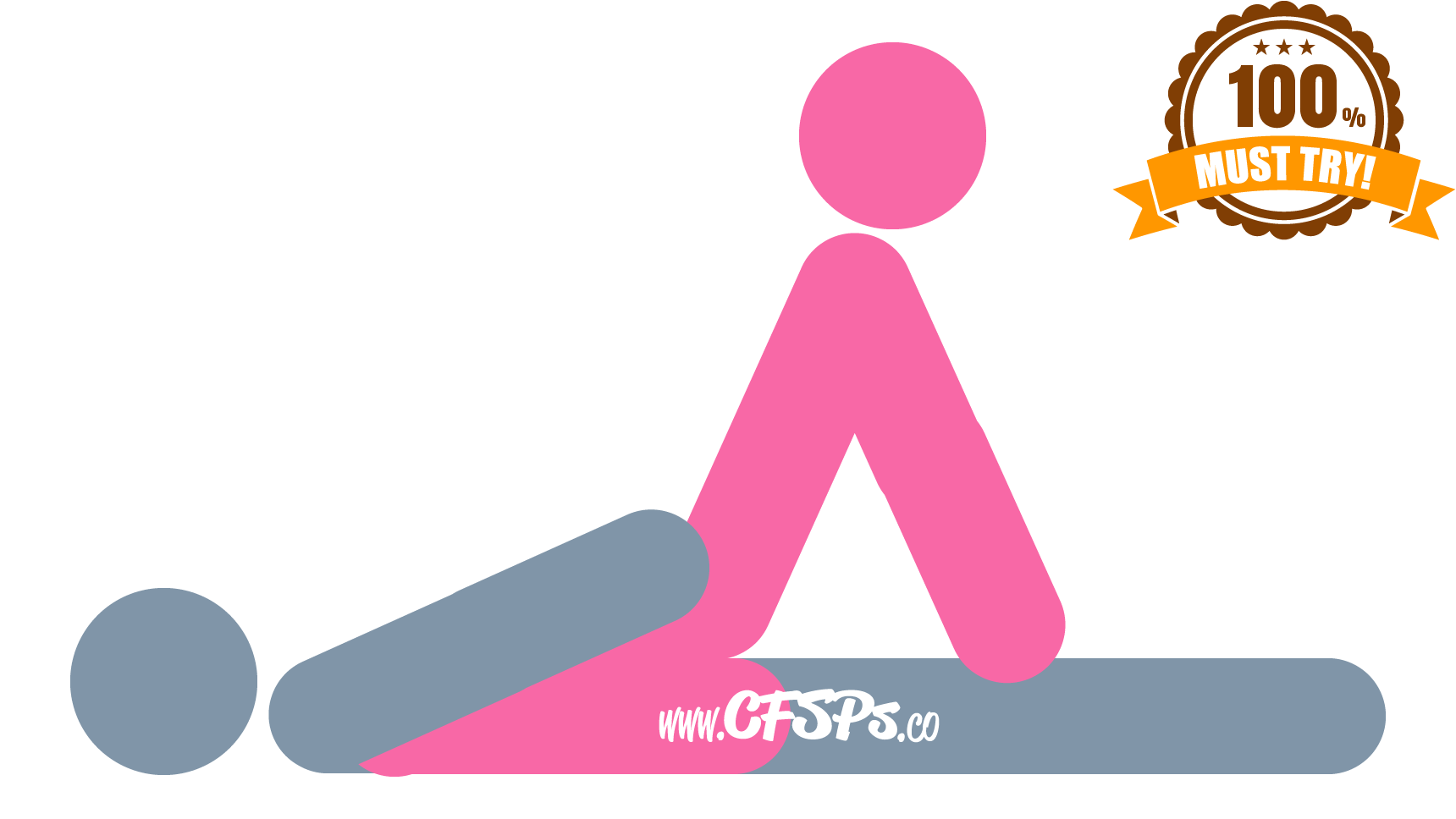 This stick figure image depicts a man and woman having sex in the Clip sex position. The man is lying on his back with his legs together. The woman is straddling his pelvis with her knees near his shoulders, and she's supporting her upper body with her hands on his thighs behind her.