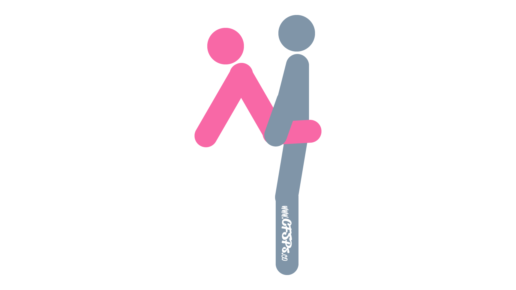 This stick figure image depicts a man and woman having sex in the Padlock sex position. The woman is sitting on the edge of a table with her arms supporting her upper body behind her. The man is standing before her, and her legs are wrapped around his pelvis.