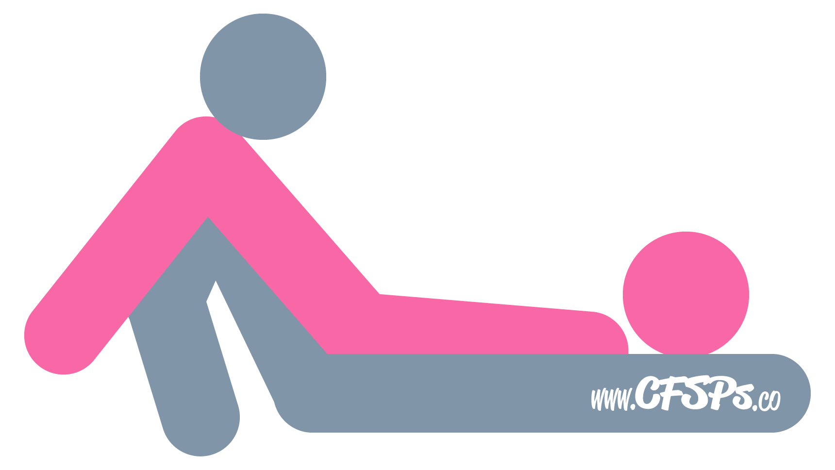 This stick figure image depicts a man and woman having sex in the Deckchair sex position. The man is sitting with his legs straight out and together, and he's supporting himself with his arms on the bed behind him. The woman is lying on her back on his legs with her pelvis near his and her legs over his shoulders.