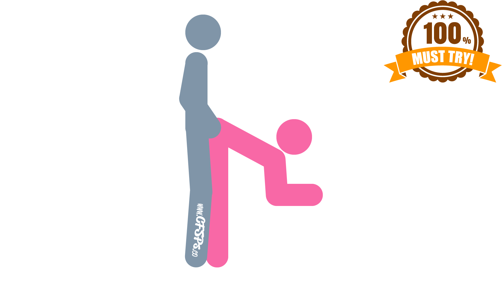 This stick figure image depicts a man and woman having sex in the Fan sex position. The woman is standing, leaning forward, and supporting herself with her elbows on a coffee table. The man is standing behind her and holding her hips.