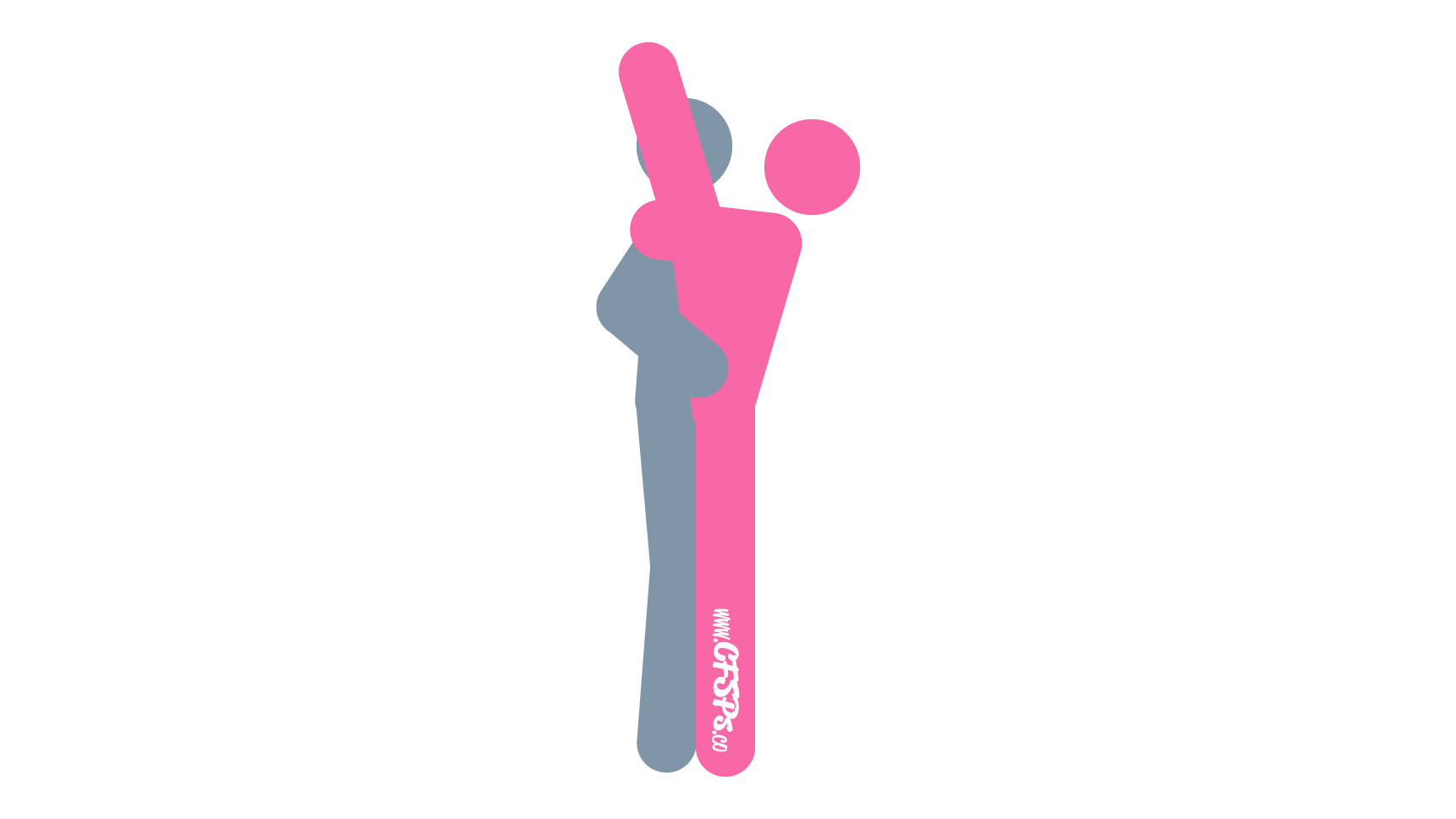 Lustful Leg Sex Position Diagram This stick figure image depicts a man and woman having sex in the Lustful Leg sex position. The man and woman are standing facing each other with one of the woman's legs up and resting on his shoulder. The man is holding onto her hips, and the woman's arms are around his neck.