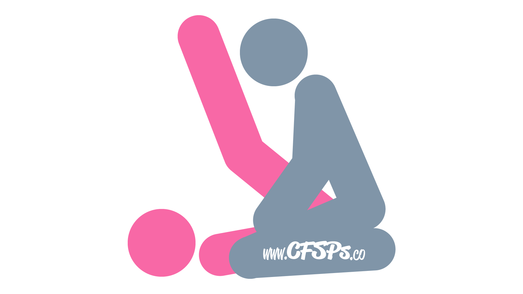 This stick figure image depicts a man and woman having sex in the Rock'n Roller sex position. The man is kneeling with his legs open a little and sitting back on his feet. The woman's body is positioned with her pelvis in his lap and her feet straight up in the air.