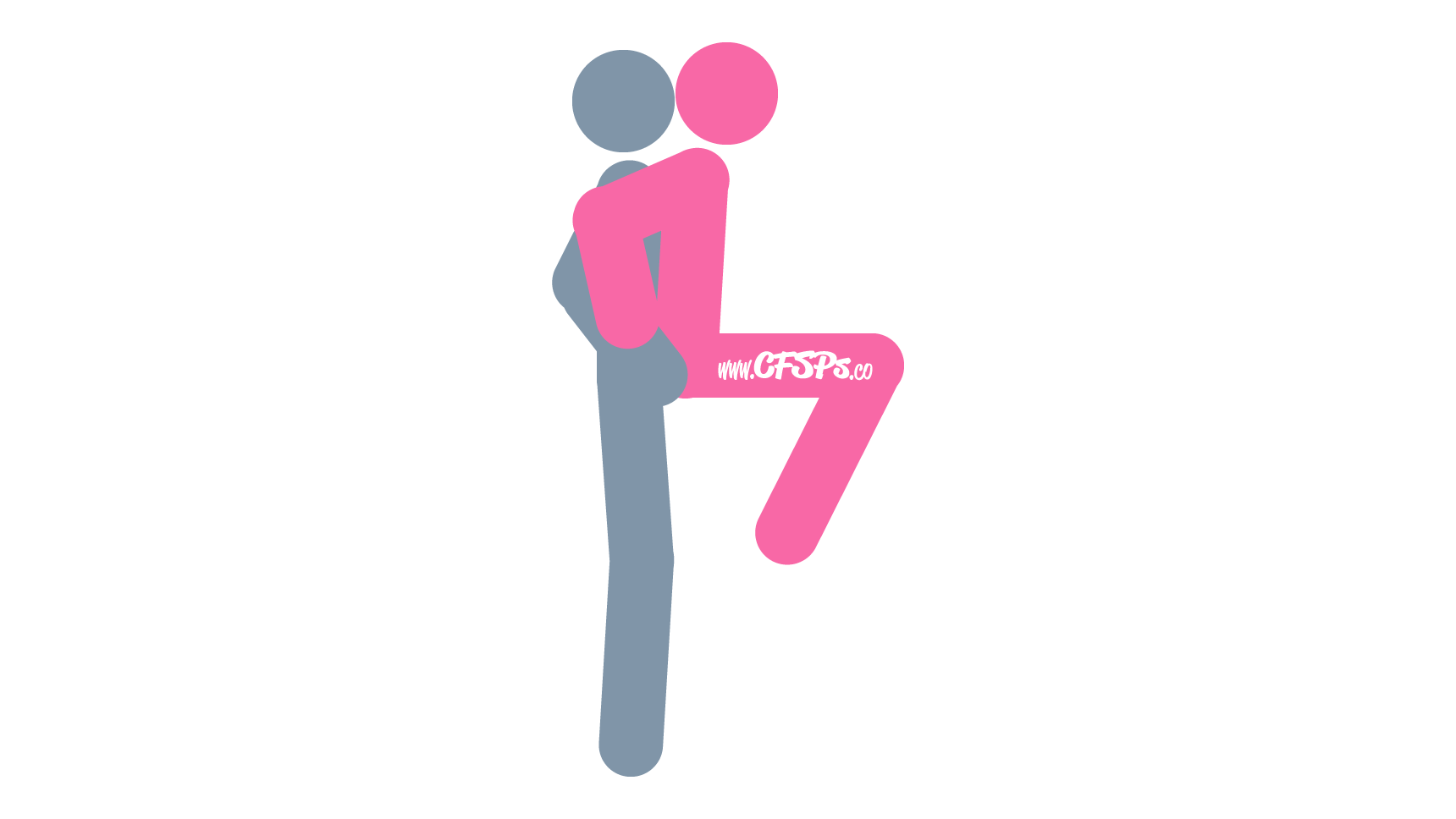 This stick figure image depicts a man and woman having sex in the Squat Balance sex position. The woman is standing on a low chair or table, squatting back, and the man is standing behind her holding her butt for support.
