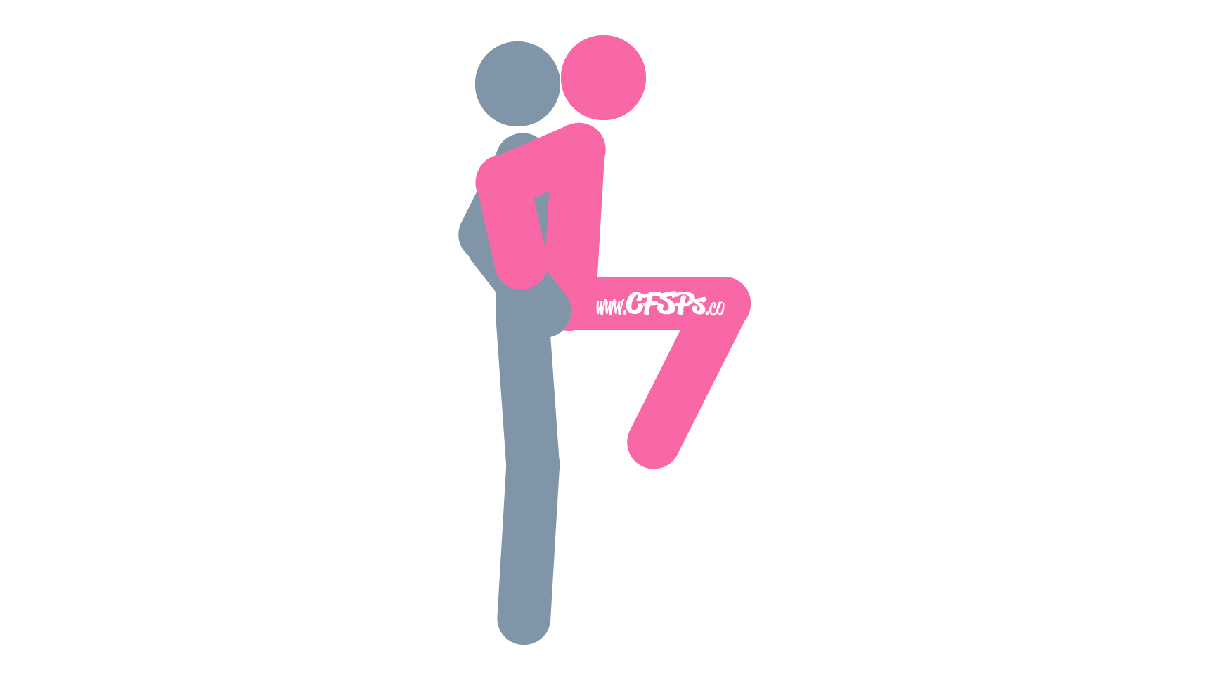 An illustration of the Squat Balance sex position. This picture demonstrates how Squat Balance is a standing, rear-entry sex position that's enjoyed using a chair or low table.
