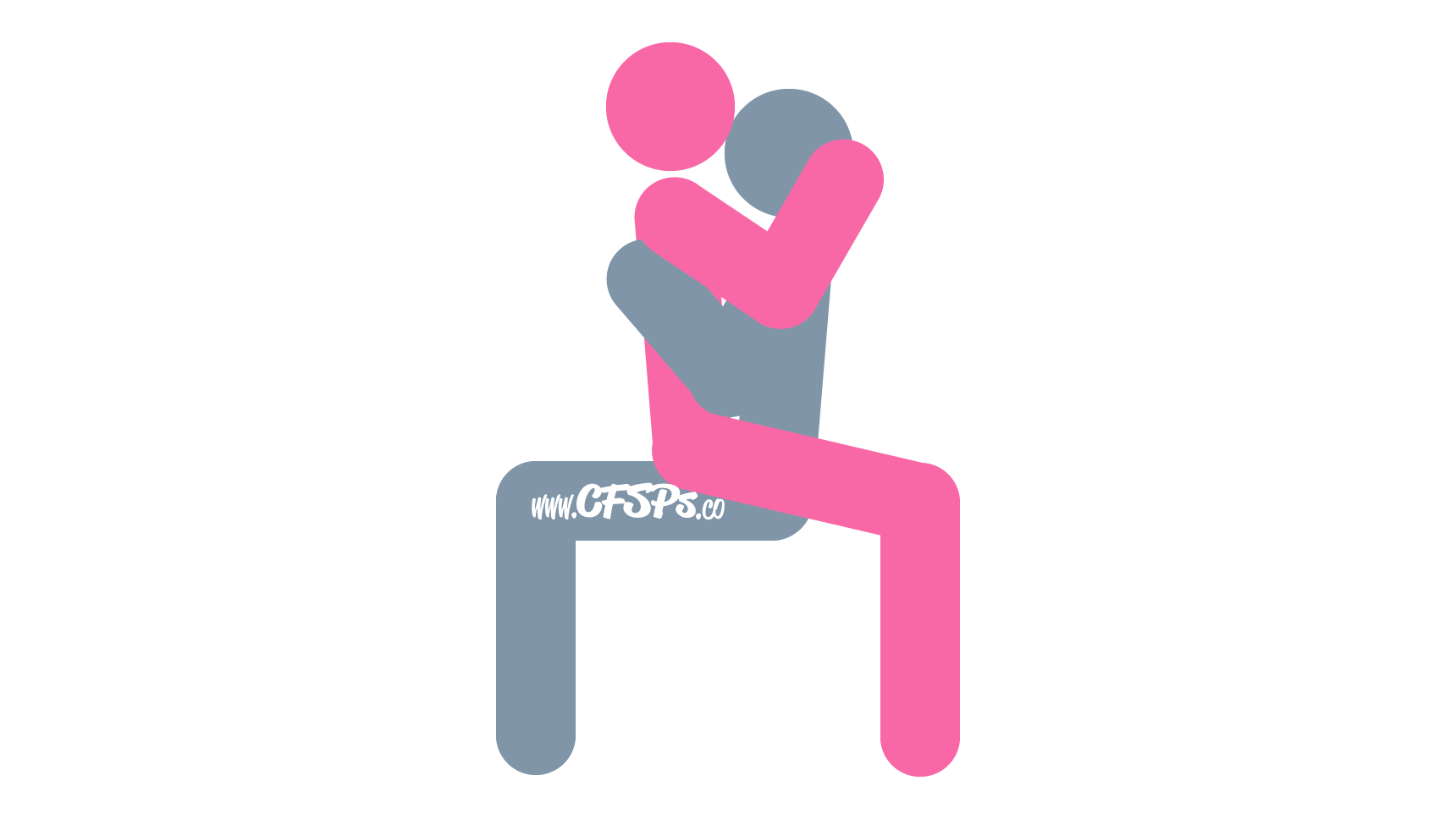 This stick figure image depicts a man and woman having sex in the Amazon sex position. The man is sitting in an armless chair. The woman is straddling his pelvis with her feet on the floor behind him. Her breasts are near his face, and her arms are around his neck.