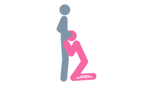 An illustration of the Atten-hut sex position. This picture demonstrates how Atten-hut is a standing, kneeling fellatio oral sex position.