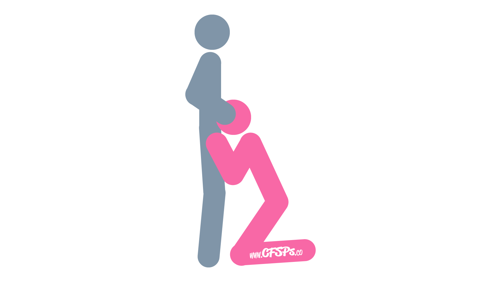 An illustration of the Atten-hut sex position. This picture demonstrates how Atten-hut is a standing, kneeling fellatio oral sex position.