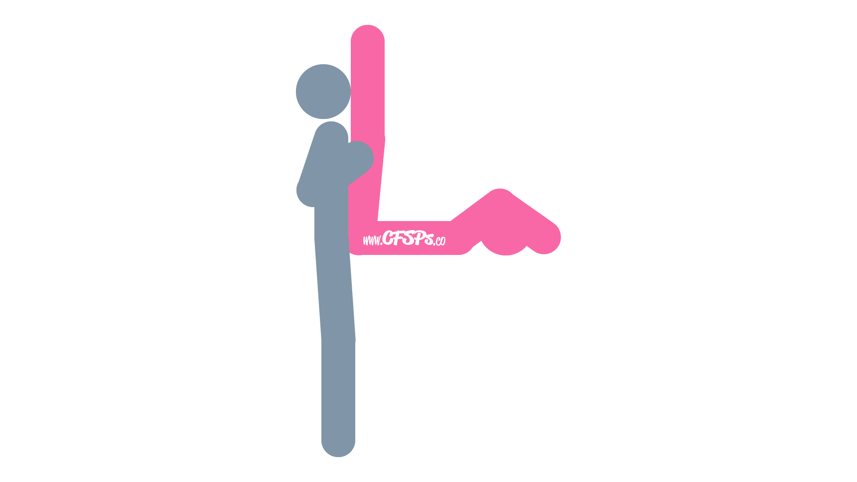 An illustration of the Crossed Keys sex position. This picture demonstrates how Crossed Keys is a standing, edge of the bed or table sex position that creates a tight fit during sex.