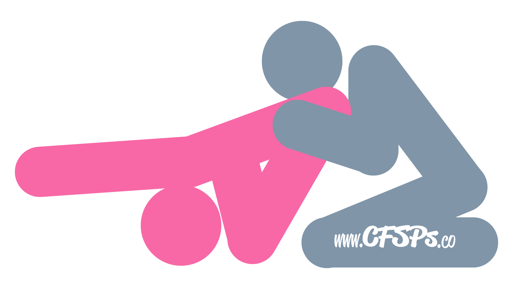 This stick figure image depicts a man and woman engaging in oral sex in the Pie in the Sky cunnilingus sex position. The woman is lying on her back with her knees near her chest. The man kneels before her and lifts her pelvis so that only her shoulders touch the bed. He's leaning forward a little so his face is near her pelvis.