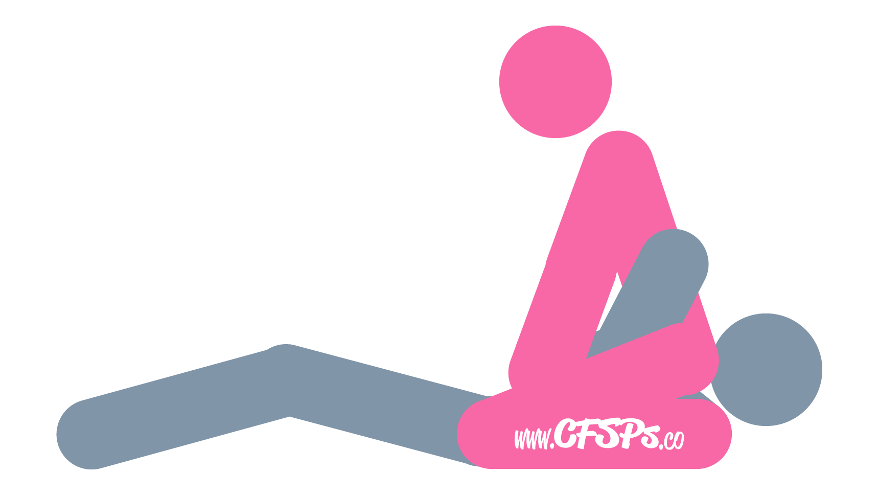 This stick figure image depicts a man and woman engaging in oral sex in the Riding the South Face cunnilingus sex position. The man is lying on his back. The woman is straddling his face with her knees near his hips, leaning a little towards his feet.
