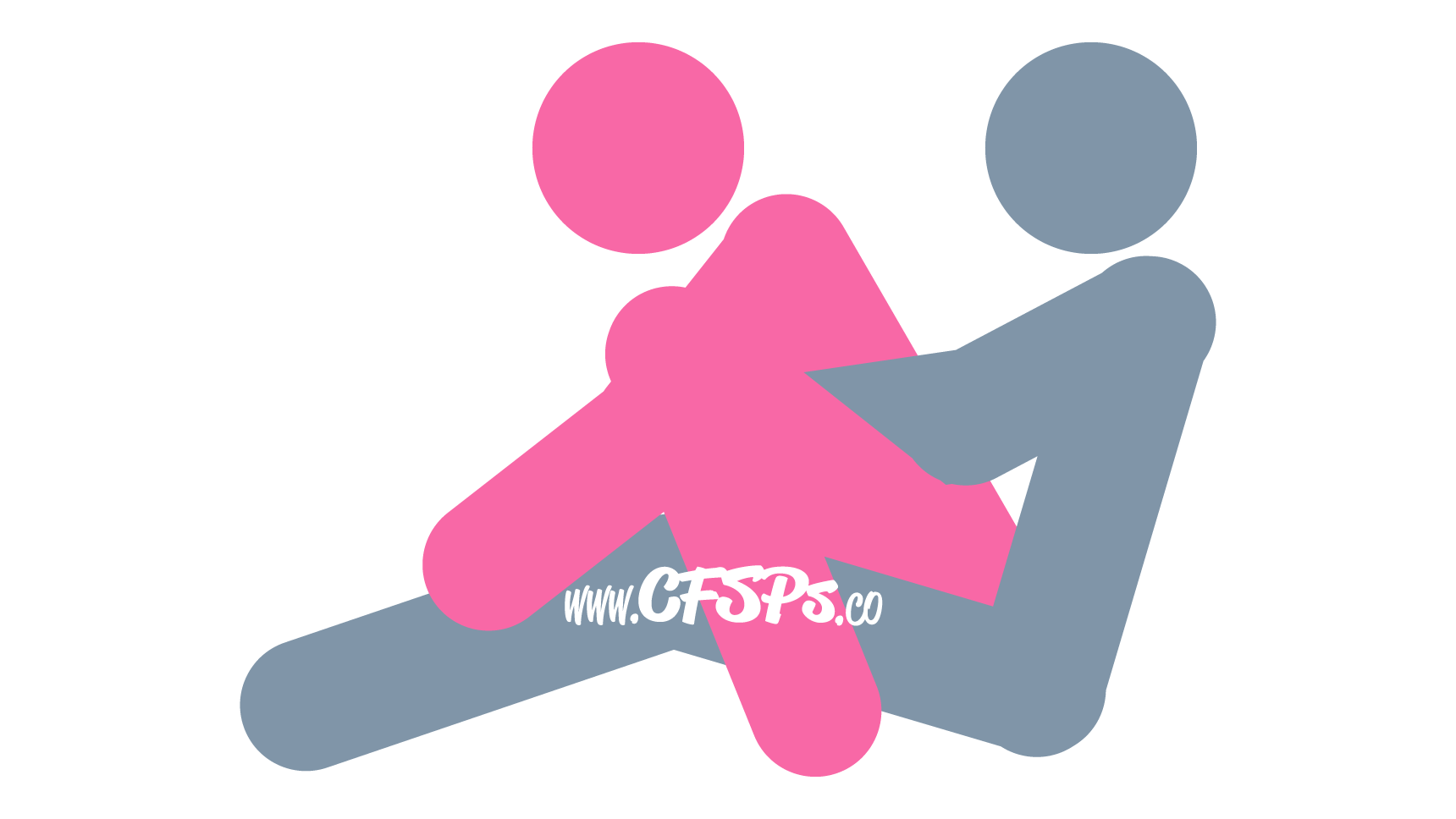 This stick figure image depicts a man and woman having sex in the Seated Ball sex position. The man is sitting with his legs open a little, knees bent, and feet on the floor. The woman is straddling him while facing away from him with her feet on the outside of his knees. She's squatting down onto his lap and holding on to his shins for support.