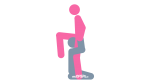 An illustration of the Under the Sink sex position. This picture demonstrates how Under the Sink is a standing, cunnilingus oral sex position that's enjoyed using a chair or stool.