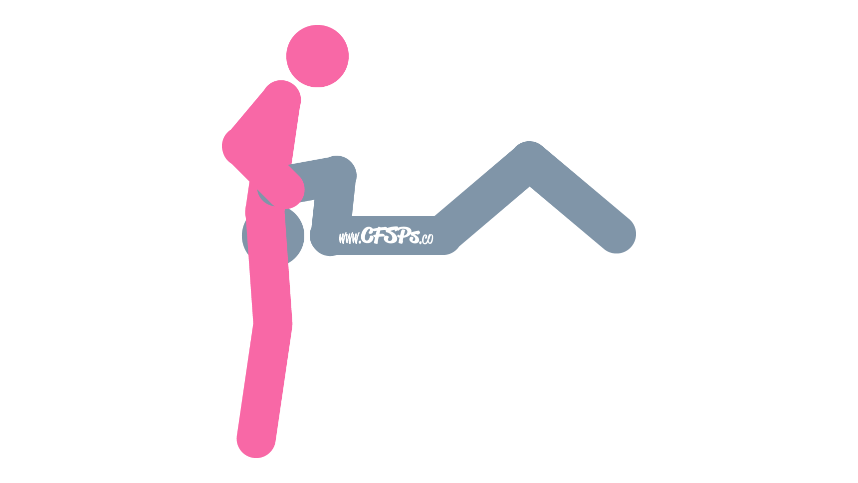 This stick figure image depicts a man and woman engaging in oral sex in the Under the Sink cunnilingus sex position. The man is lying on his back with his head off the edge of the bed. The woman is standing at the edge of the bed, straddling the man's face.