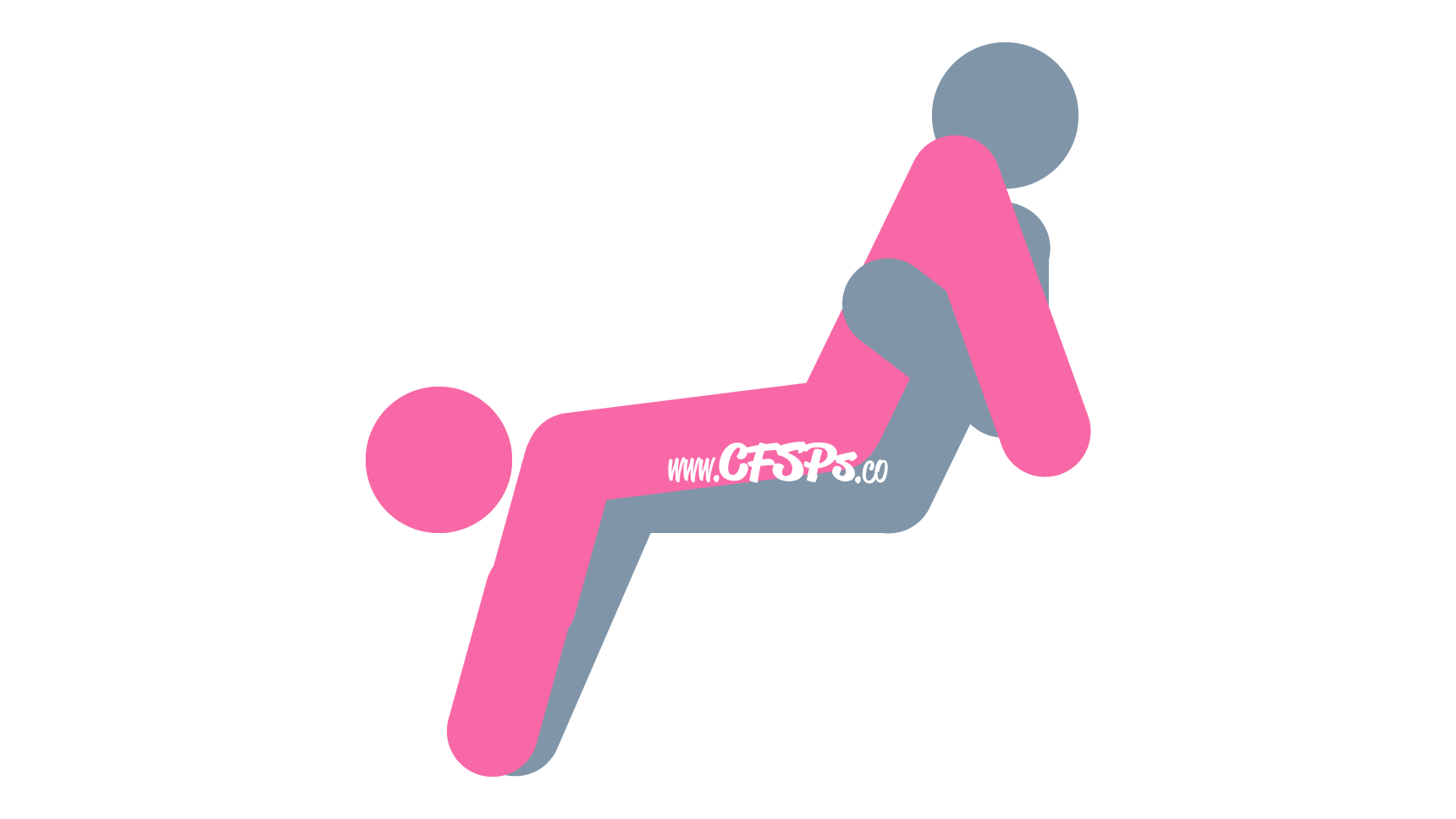 This stick figure image depicts a man and woman having sex in the Backwards Slide sex position. The man is sitting on the couch or sofa with his legs closed. The woman is positioned with her pelvis on his bent knees near his shoulders, and her head is handing off the edge of the seat.