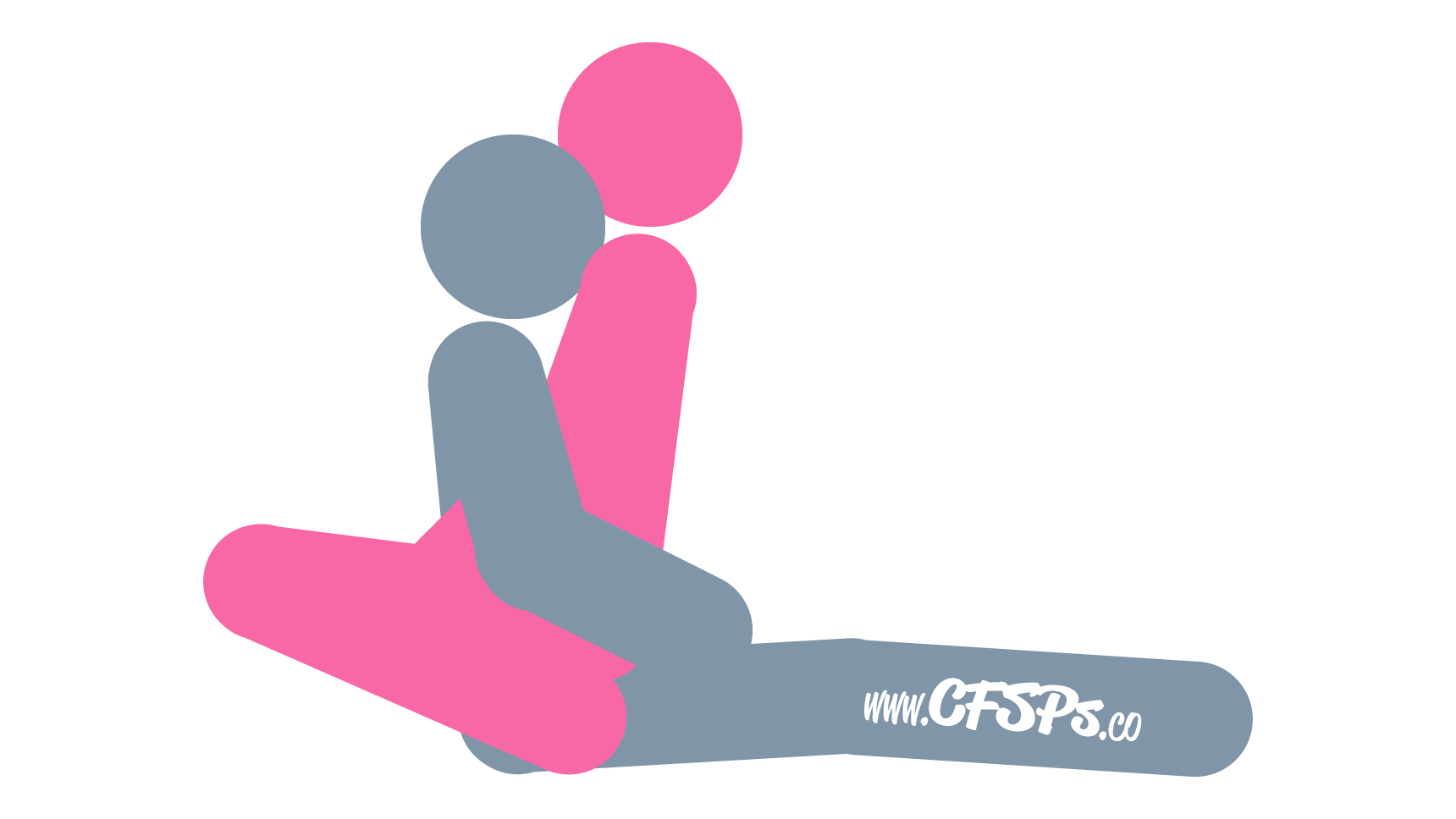 This stick figure image depicts a man and woman having sex in the Basket sex position. The man is sitting with his legs straight and together. The woman is straddling his pelvis with her feet on the bed near the sides of his butt and her breasts pressed against his face.