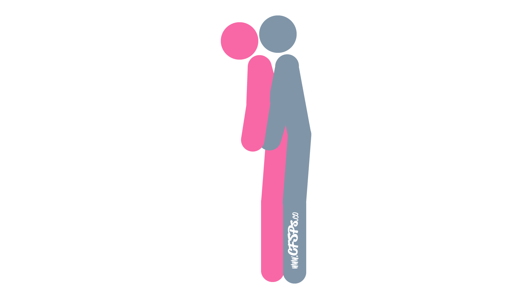 This stick figure image depicts a man and woman having sex in the Column sex position. The woman is standing. The man is standing behind her with his body pressed against hers and arms around her pelvis, stimulating her clitoris with his fingers.
