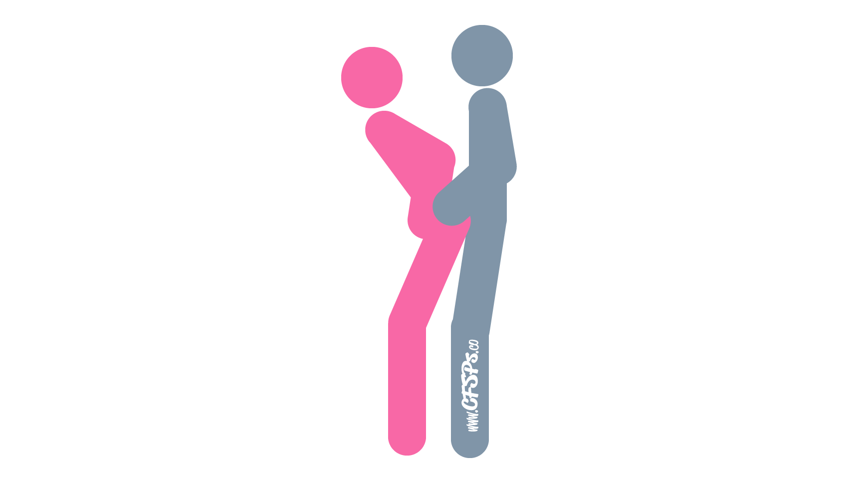 This stick figure image depicts a man and woman having sex in the From Behind sex position. The man is standing. The woman is standing in front of him with her back to him. She's leaning forward a little with her hands on her upper thighs. The man's hands are on her hips.