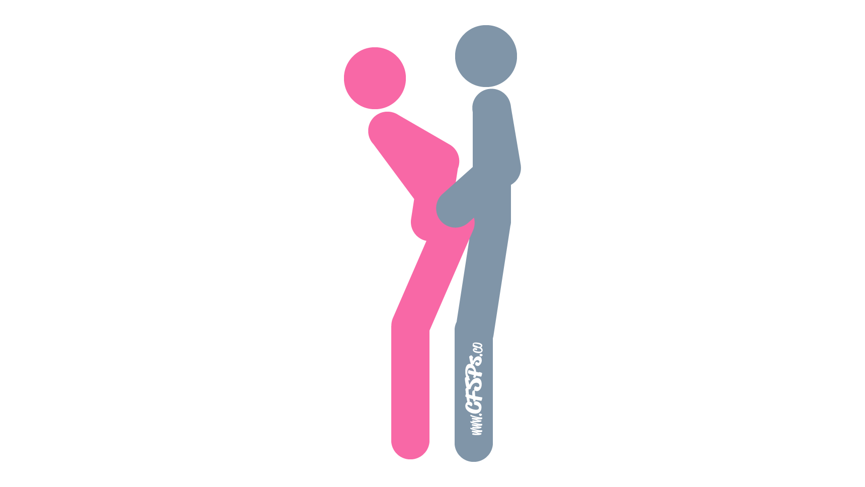 An illustration of the From Behind sex position. This picture demonstrates how From Behind is a standing, rear-entry sex position that's best enjoyed with the woman against a wall.