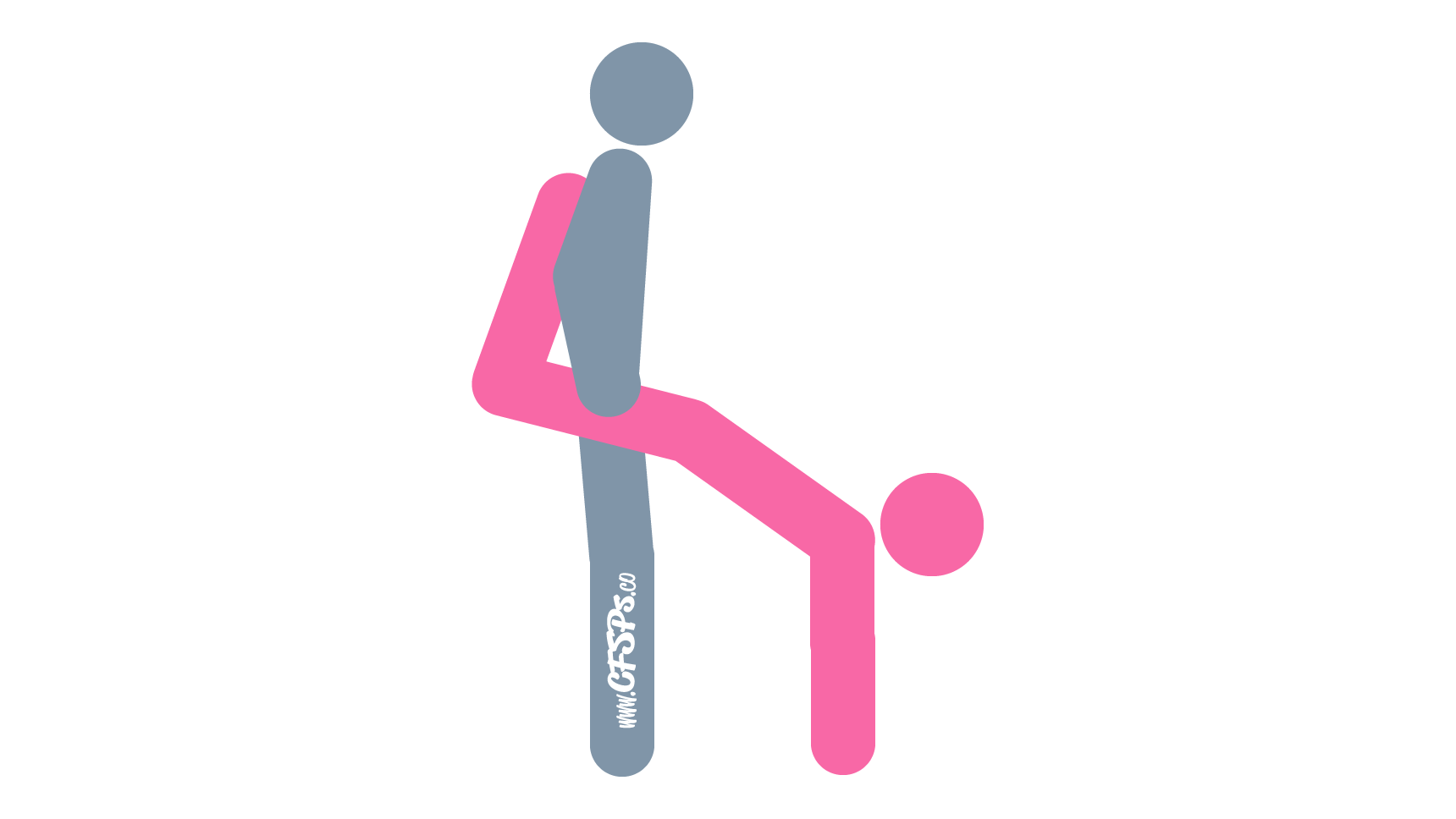 This stick figure image depicts a man and woman having sex in the Indian Headstand sex position. The man is standing with his legs together. The woman is straddling his pelvis while the man holds her up by her thighs, and she supports her upper body with her arms on the floor.