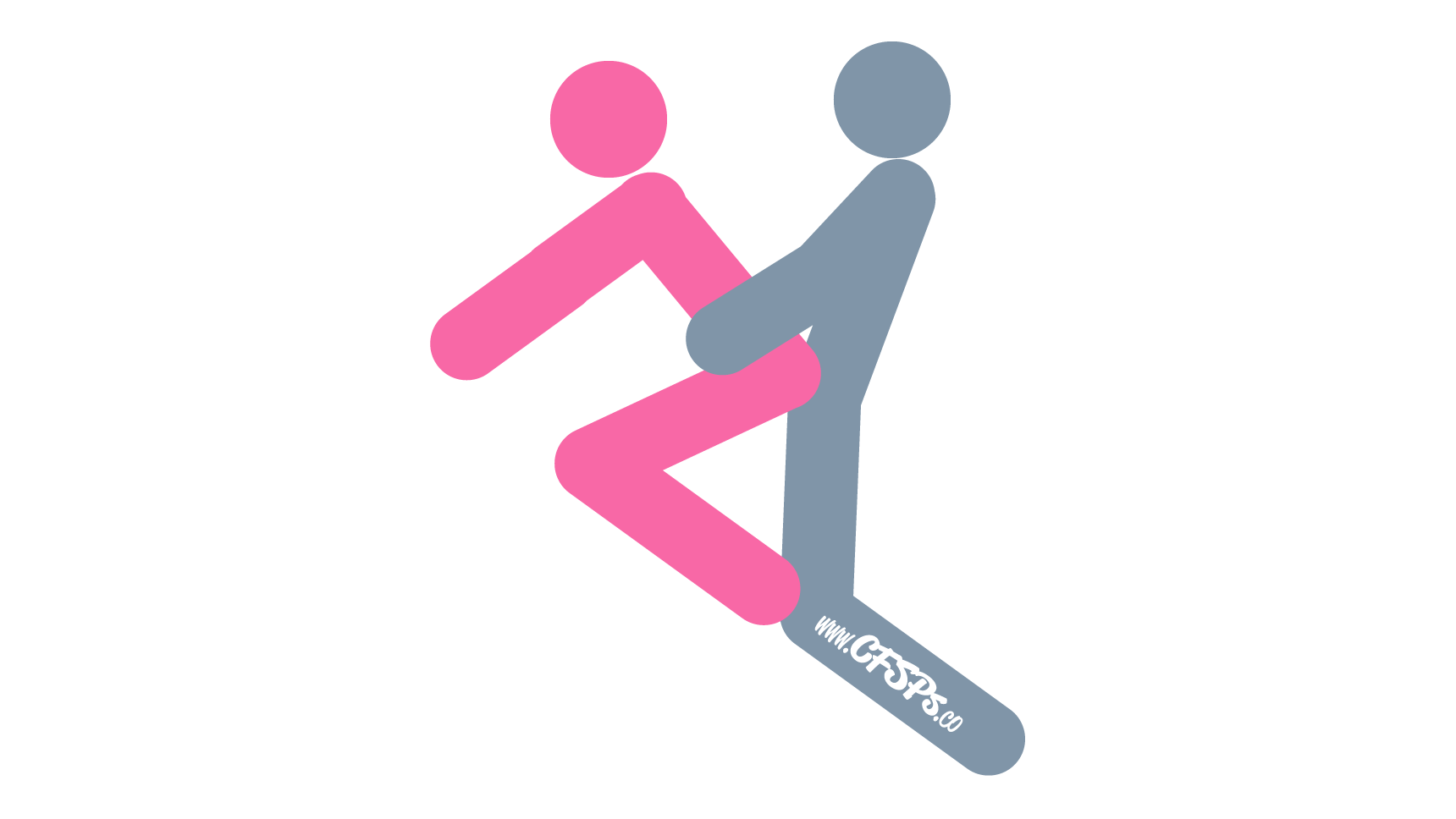 This stick figure image depicts a man and woman having sex in the Stair Master sex position. The woman is on all fours on a set of stairs, her knees on one step and her hands on a few steps above. The man is kneeling behind her a few steps down and holding on to her hips.