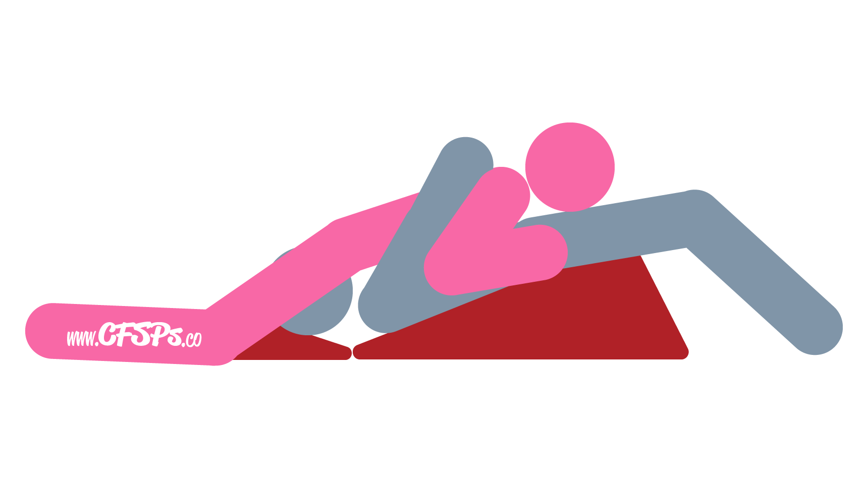 An illustration of the Bridge 2 sex position. This picture demonstrates how Bridge is a simultaneous fellatio and cunnilingus oral sex position that's enjoyed using a Liberator Wedge/Ramp combo.