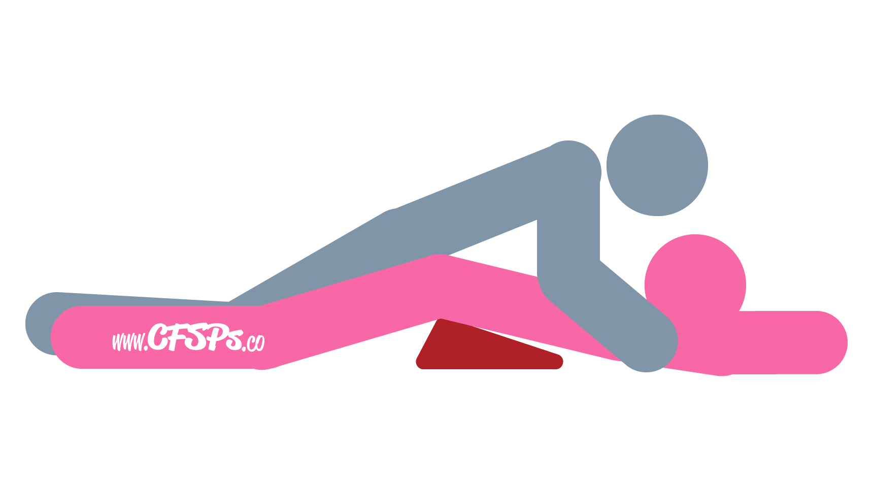 An illustration of the Down Low sex position. This picture demonstrates how Down Low is a from-behind sex position with strong g-spot stimulation that's enjoyed using a Liberator Wedge sex pillow.