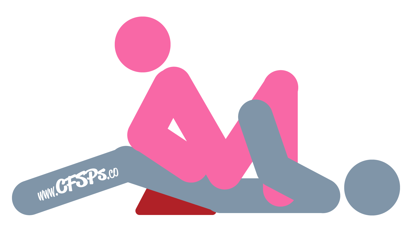 This stick figure image depicts a man and woman having sex in the Fulcrum Lift sex position. The man is lying on his back with a Liberator Wedge sex pillow under his butt. The woman is hovering her pelvis over his pelvis with her feet on the bed by his sides and her elbows and forearms on his legs behind her.