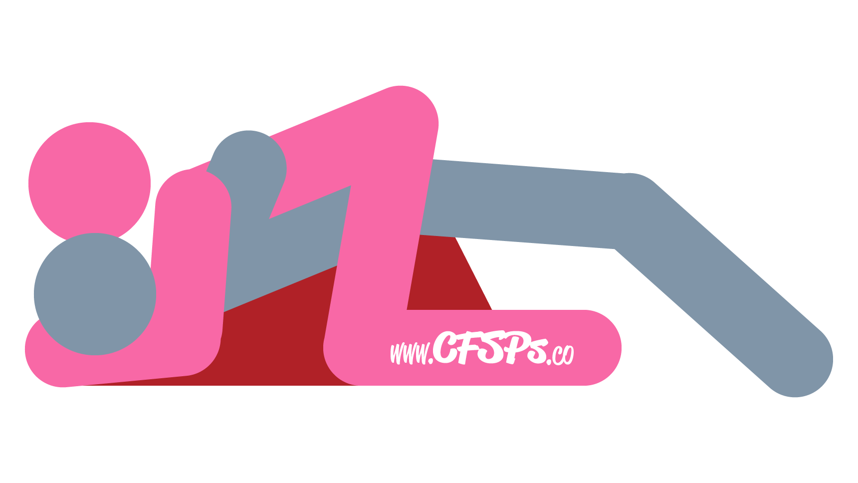 This stick figure image depicts a man and woman having sex in the Heart to Heart sex position. The man is lying on his back on a Liberator Ramp sex pillow with his pelvis on the high side and his head on the low side. The woman is straddling his pelvis with her knees on the bed and leaning forward with her elbows on the bed near his head.