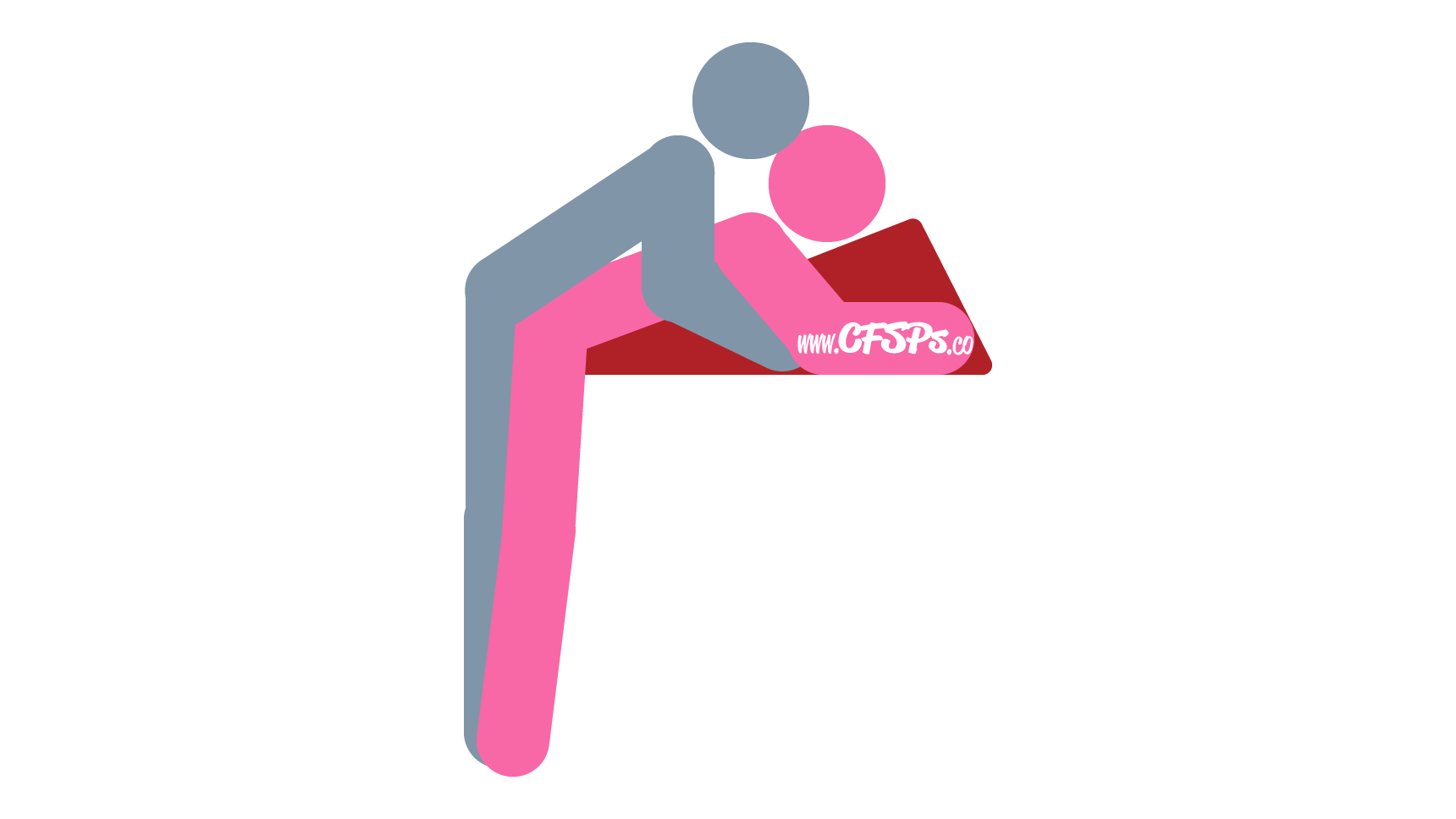 This stick figure image depicts a man and woman having sex in the High Rise sex position. The woman is standing at the edge of the bed and lying forward on a Liberator Ramp sex pillow, which is positioned with its low side at the edge of the bed. The man is standing behind her, leaning forward on her back and supporting his body with his arms on the bed by her sides.