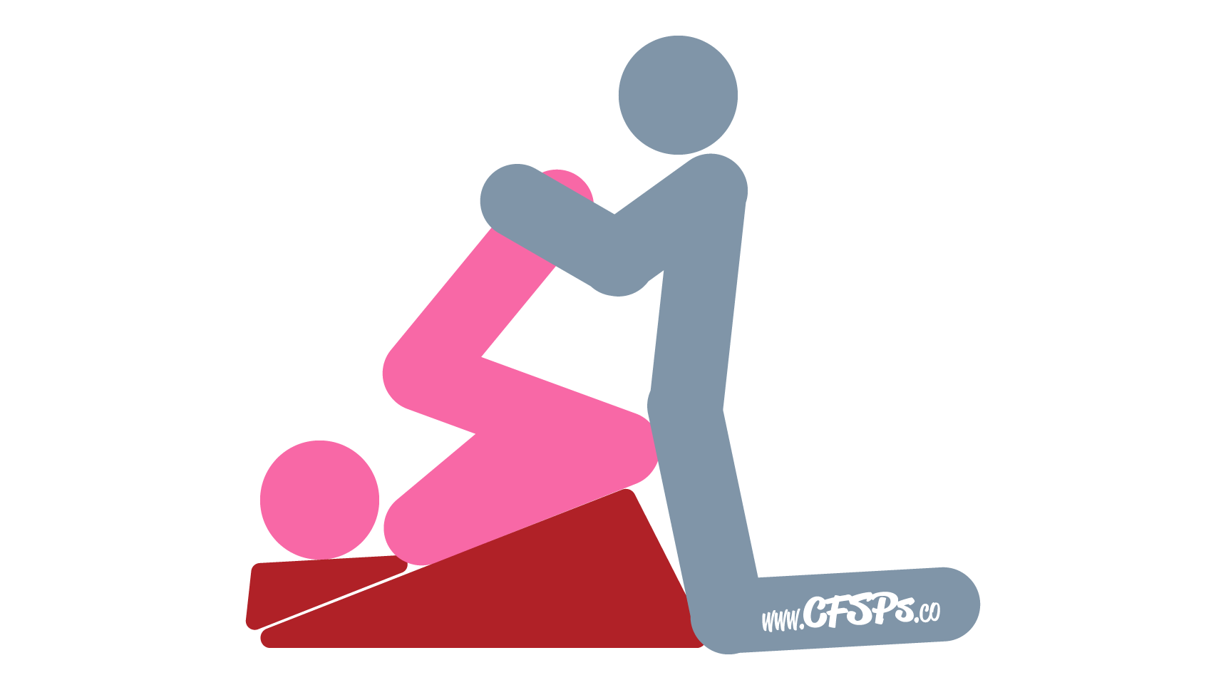 This stick figure image depicts a man and woman having sex in the Plow 2 sex position. The woman is lying on a Liberator Ramp sex pillow with her butt at the edge of the high side, her knees almost at her chest, and a Liberator Wedge sex pillow under her head. The man is kneeling before her and holding onto her ankles.