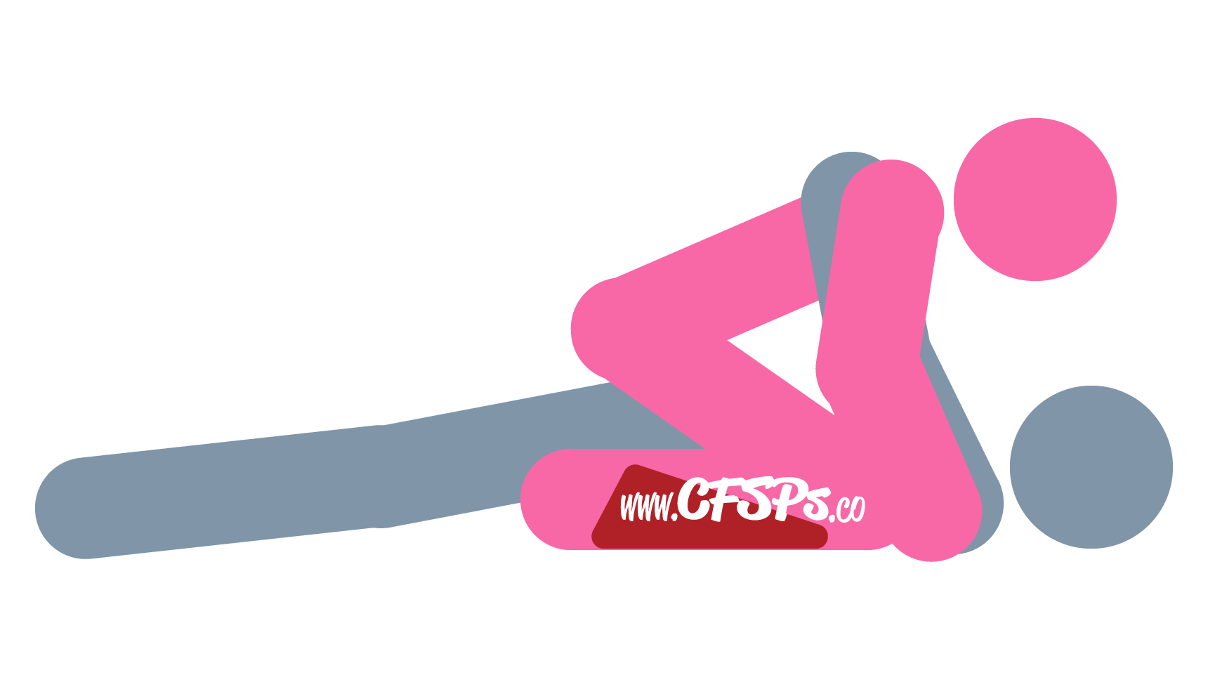 This stick figure image depicts a man and woman having sex in the Rodeo sex position. The man is lying on his back with a Liberator Wedge sex pillow under his butt. The woman is straddling his pelvis, leaning forward, and supporting her upper body with her hands near his shoulders.