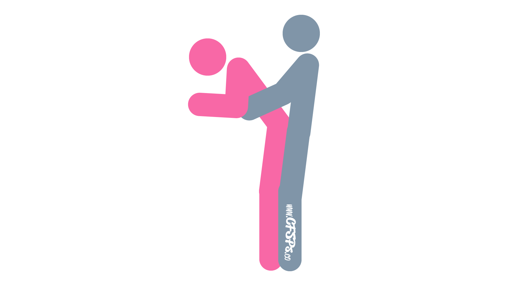 This stick figure image depicts a man and woman having sex in the Take Me Now sex position. The woman is standing and leaning on a table or counter while supporting herself with her forearms on the table or counter. The man is standing behind her with his arms around her waist or caressing her breasts.