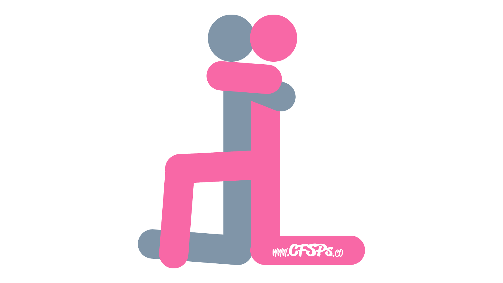 This stick figure image depicts a man and woman having sex in the Long Goodbye sex position. The man is kneeling on one knee with his other leg up and foot on the ground. The woman is kneeling on one knee with her other leg up and foot on the floor while facing him. Their pelvises are touching, and they are hugging.