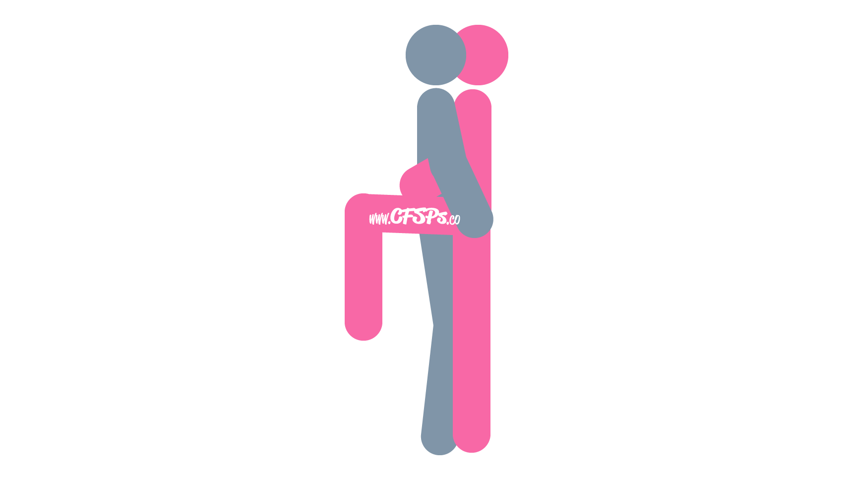 An illustration of the Pink Flamingo sex position. This picture demonstrates how Pink Flamingo is an intimate, standing sex position that's enjoyed using a step stool.