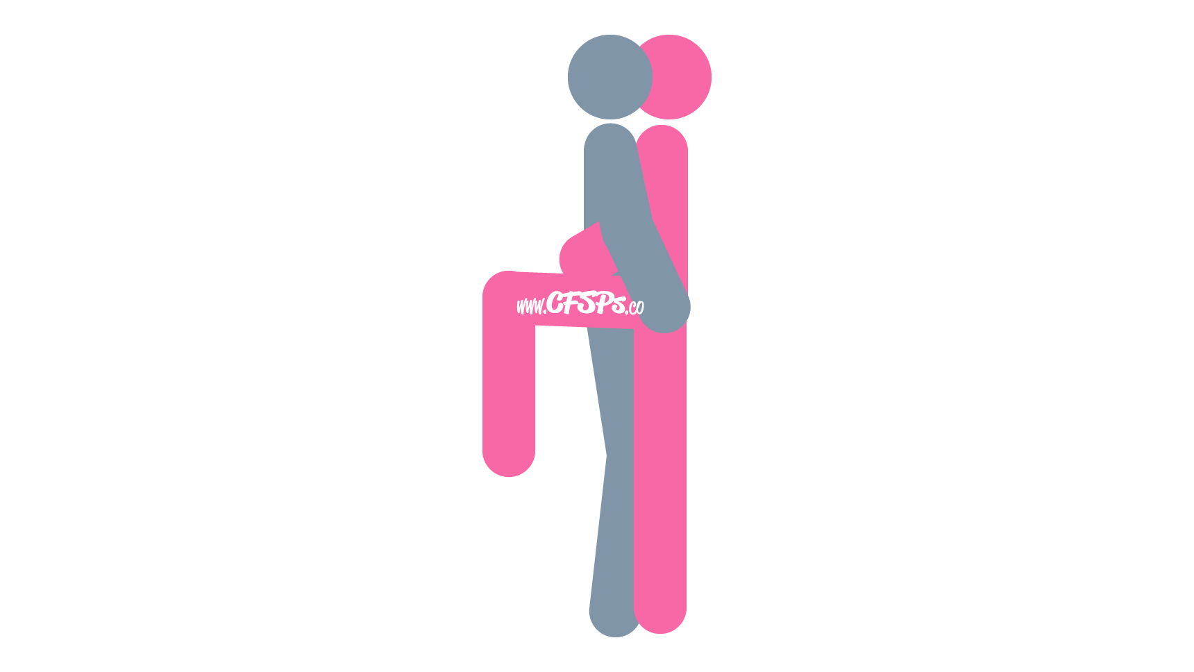 This stick figure image depicts a man and woman having sex in the Pink Flamingo sex position. The woman is standing on one leg with the other leg up at a 90-degree angle and knee bent with her foot on a stool or chair. The man is standing before her with his hands on her butt.