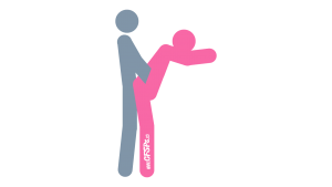 An illustration of the Assist sex position. This picture demonstrates how Assist is a standing, rear-entry sex position where the man manually stimulates the woman's clitoris while having sex.