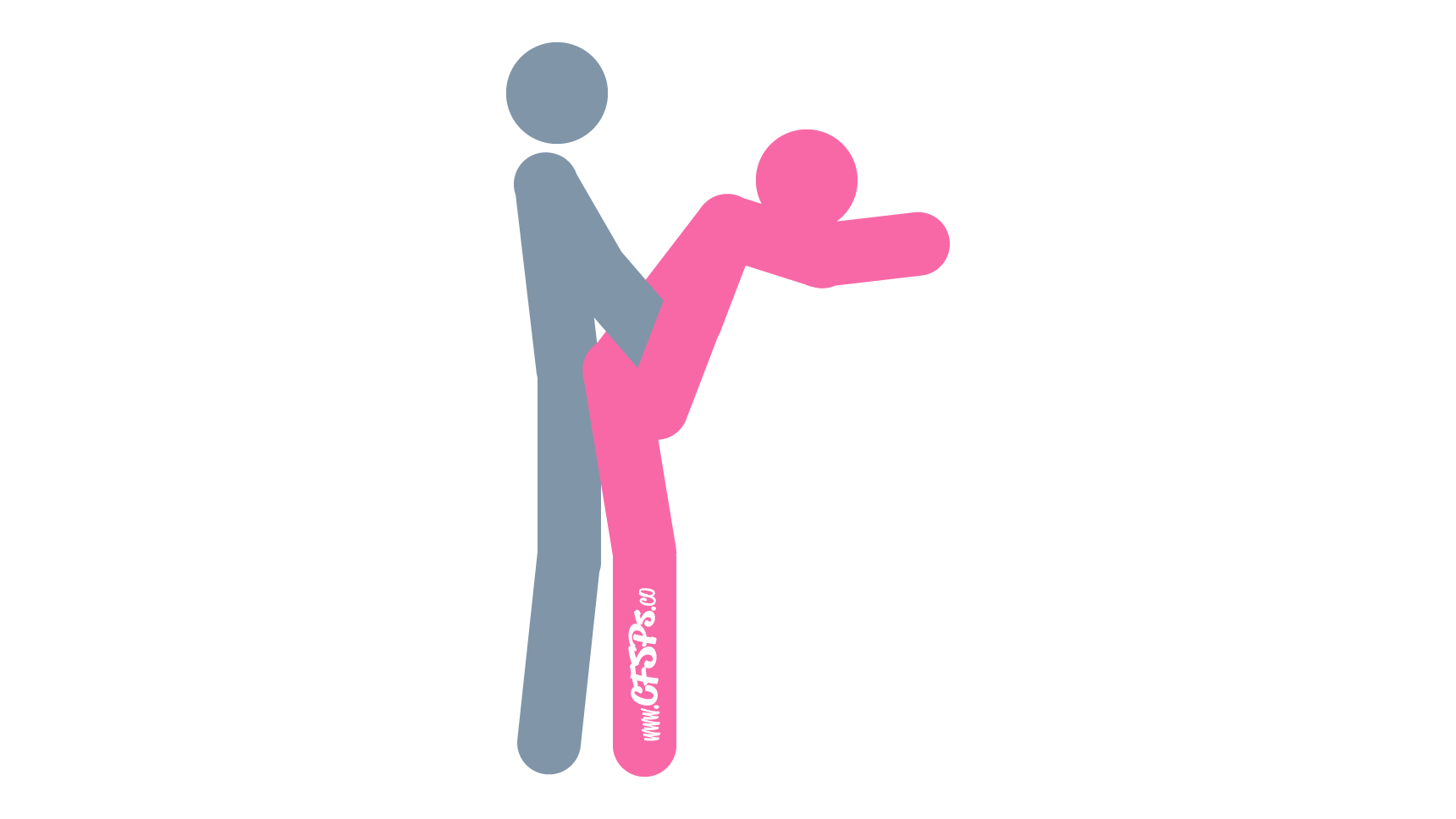 This stick figure image depicts a man and woman having sex in the Assist sex position. The woman is standing and leaning forward a little with one hand on the wall supporting her. The man is standing behind her with his pelvis pressed against her butt.