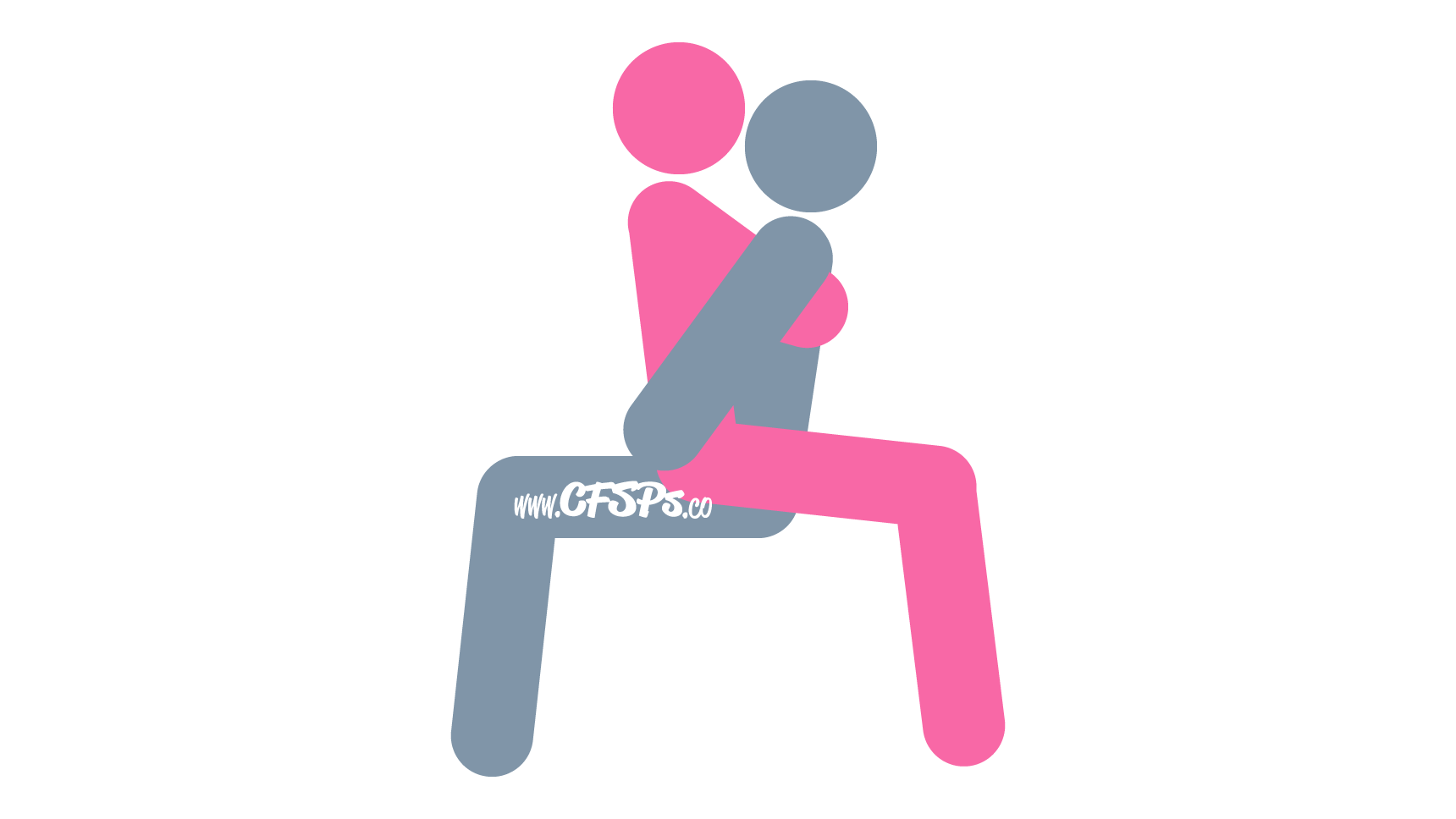 This stick figure image depicts a man and woman having sex in the Bad Santa sex position. The man is sitting on an armless chair. The woman is straddling his pelvis with her breasts near his face and legs behind him.