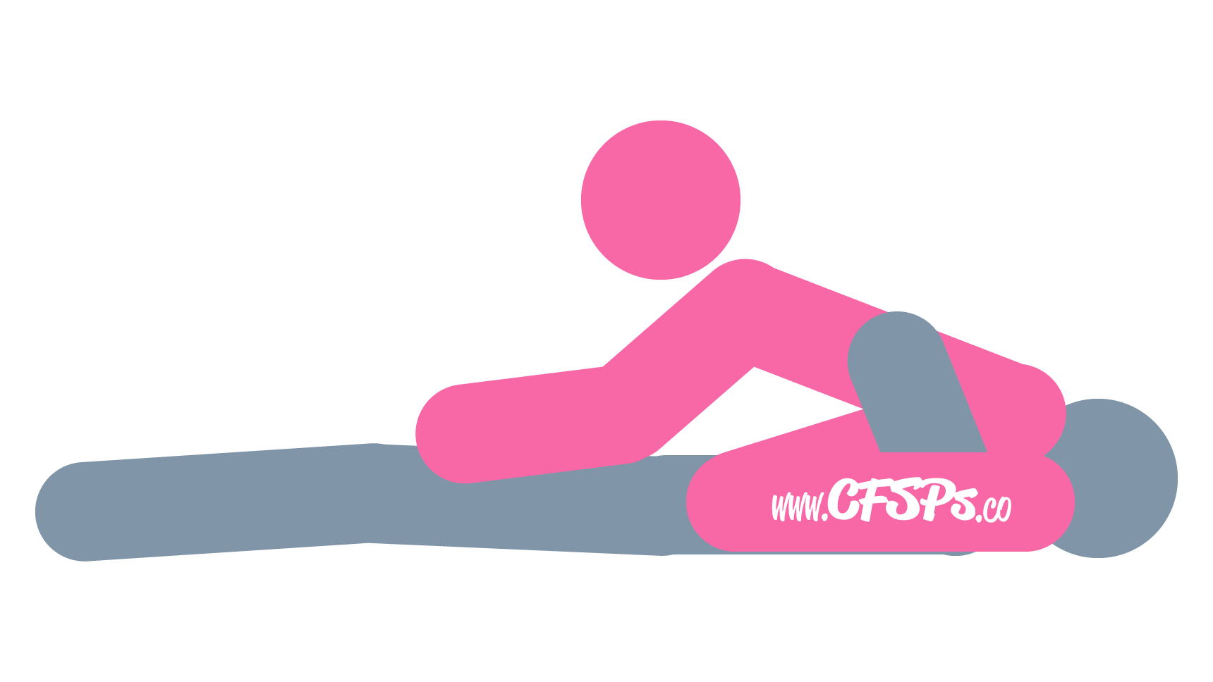 This stick figure image depicts a man and woman engaging in oral sex in the Blazing Saddles cunnilingus sex position. The man is lying on his back. The woman is straddling him with her knees near his sides, her vagina near his face, and she's leaning forward away from him.