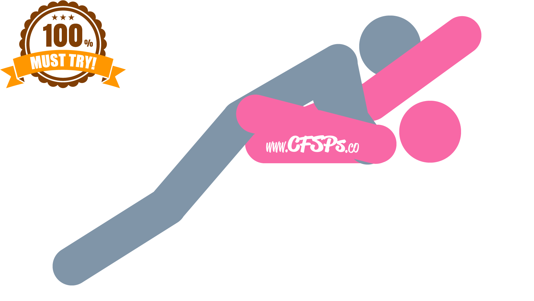 This stick figure image depicts a man and woman having sex in the Otto-Man sex position. The woman is lying on her back on an ottoman with her knees touching her chest. The man is lying on her and supporting his body with his arms on the ottoman under her armpits.