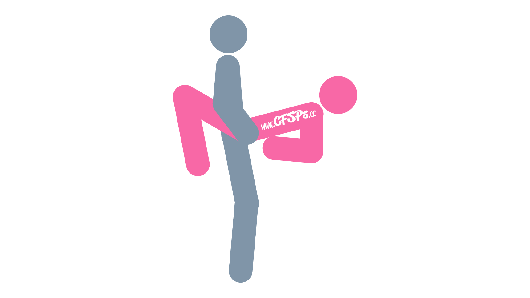 This stick figure image depicts a man and woman having sex in the Swing Fling sex position. The woman is positioned with her elbows on a swing while the man is standing between her legs and holding her body under her butt.