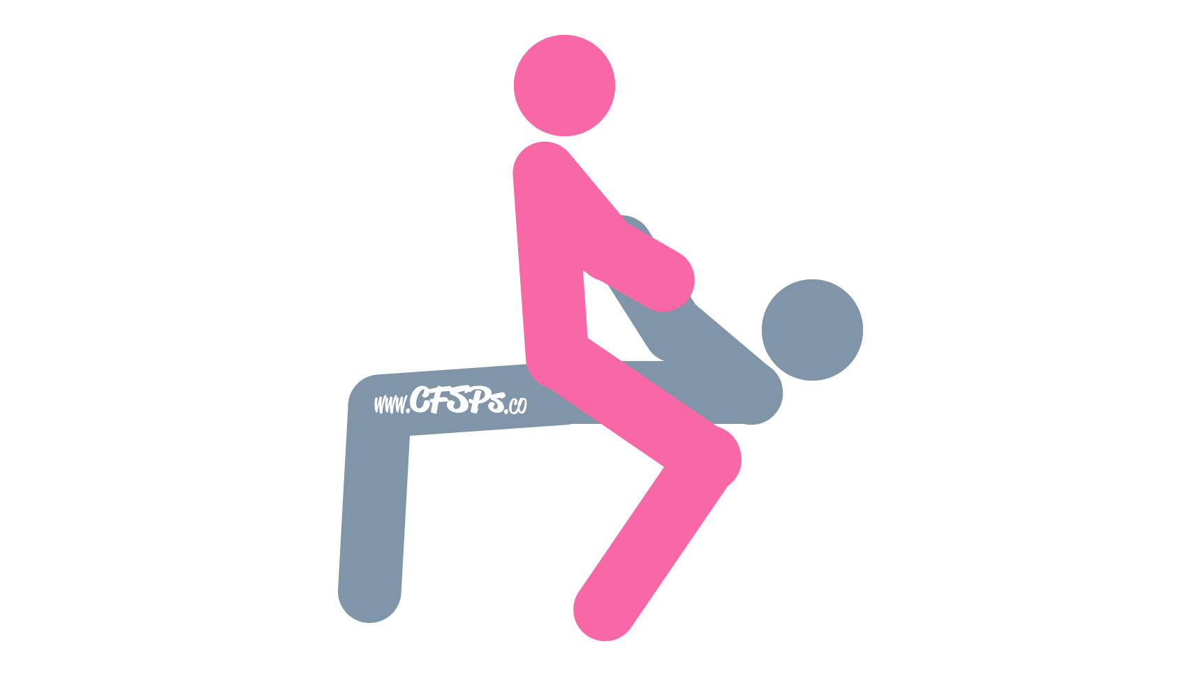 This stick figure image depicts a man and woman having sex in the Hobbyhorse sex position. The man is lying on his back on a rocking chair or recliner with his knees bent and feet on the ground. The woman is straddling his pelvis and holding his hands.