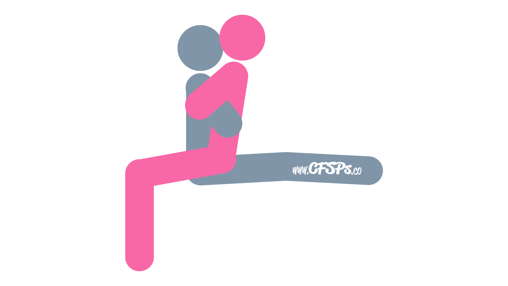 This stick figure image depicts a man and woman having sex in the Lazy Love Seat sex position. The man is sitting on the edge of the bed with his back facing away from the bed and his legs straight in front of him. The woman is straddling his pelvis while facing him with her feet hanging off the side of the bed.