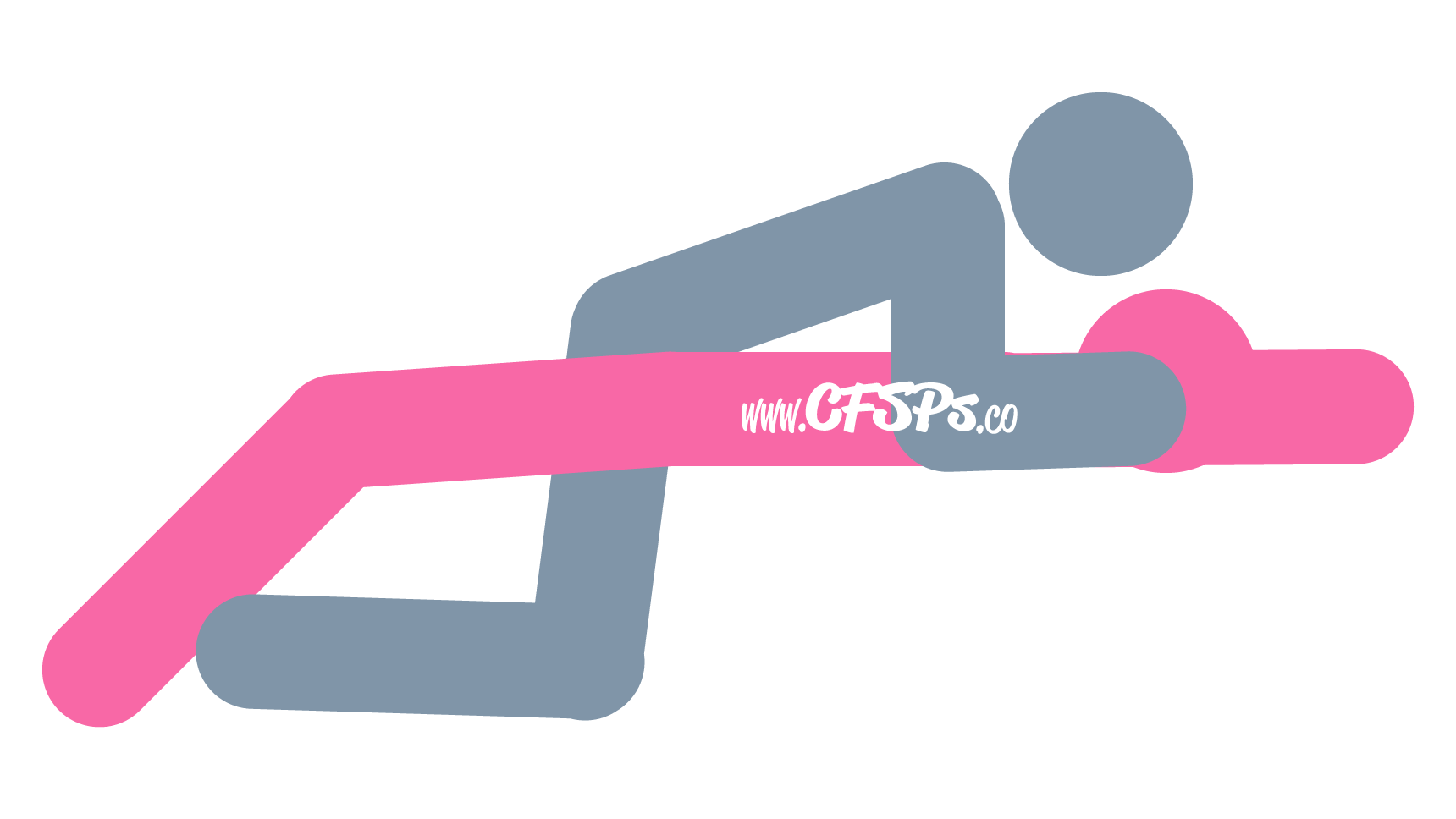 This stick figure image depicts a man and woman having sex in the Laid Back sex position. The woman is lying on her back on an ottoman with her legs open a little and her feet on the floor. The man is kneeling between her legs, leaning forward, and supporting his body with his elbows near her sides.