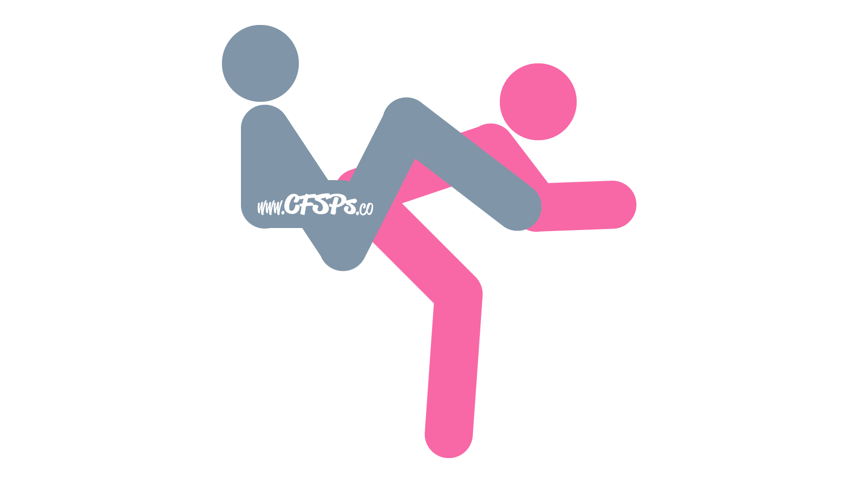 This stick figure image depicts a man and woman having sex in the Hind-quarterly Reciew sex position. The man is sitting in a desk chair with his legs open and feet on the edge of the desk. The woman is sitting on his pelvis while facing away from him, leaning onto the desk and supporting herself with her elbows.