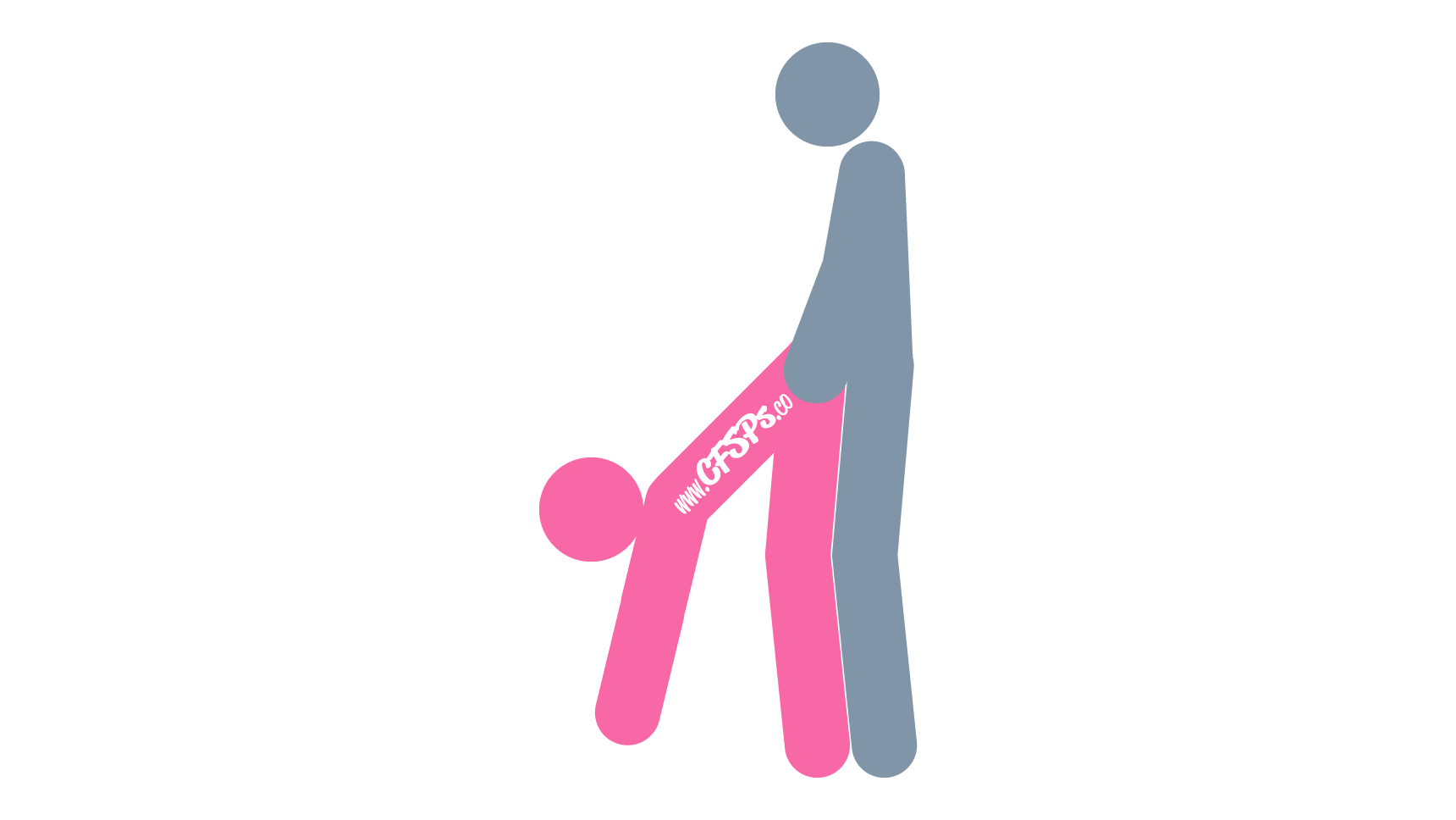 This stick figure image depicts a man and woman having sex in the Ben Dover sex position. The woman is standing with her knees bent a little, leaning forward, and touching the floor with her hands. The man is standing behind her and holding her hips.