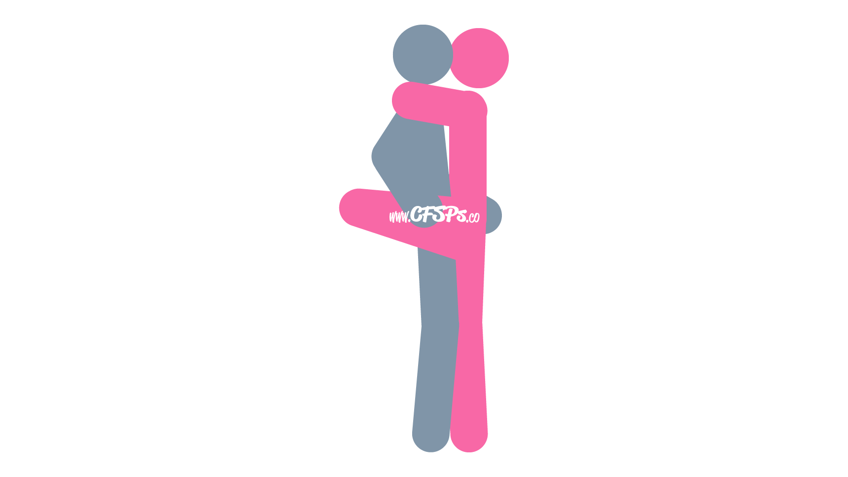 This stick figure image depicts a man and woman having sex in the Dancer sex position. The man is standing with his legs together. The woman is standing before him with one leg lifted at a 90-degree angle and knee bent. The man holds her butt with one hand and her lifted leg with the other, and the woman wraps her arms around his neck.