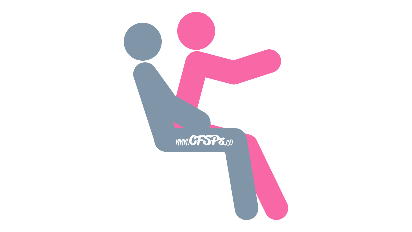 This stick figure image depicts a man and woman having sex in the Backseat Driver sex position. The man is sitting with his legs closed in the backseat of a vehicle. The woman is sitting on his lap with her back facing him and holding onto the car seat in front of her.