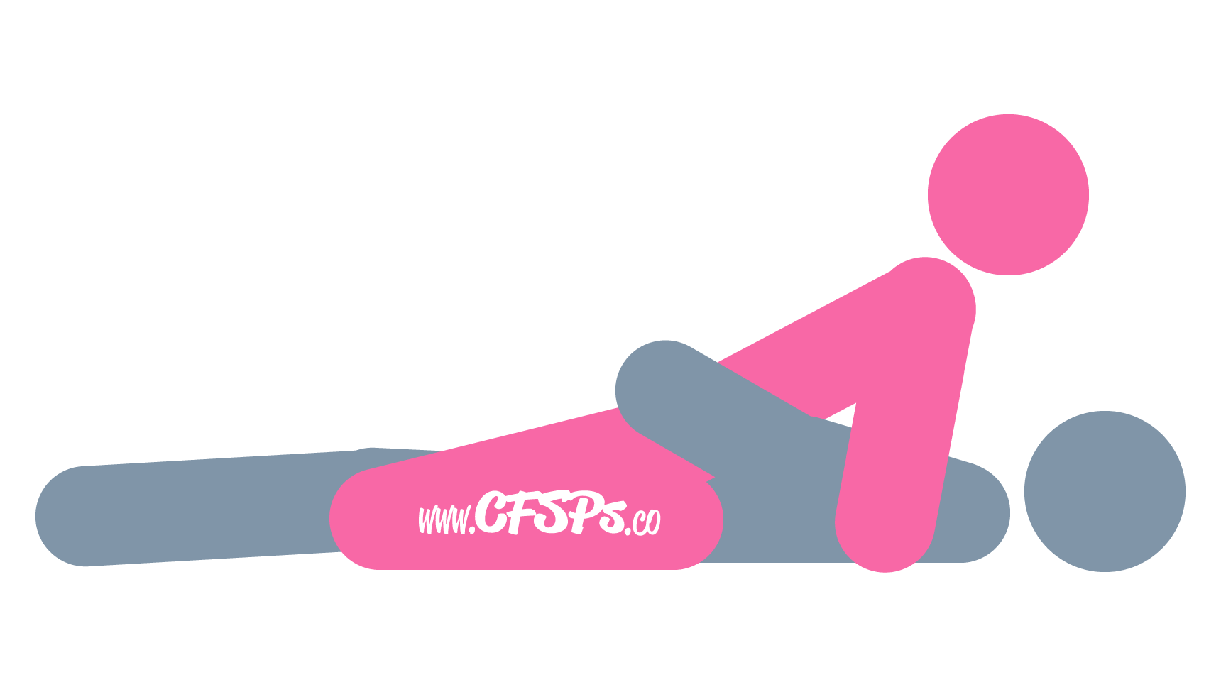 This stick figure image depicts a man and woman having sex in the Laid-Back Reverse Cowgirl sex position. The man is lying on his back with his legs together. The woman is straddling him with her knees near his. She's sitting back on his pelvis, leaning back and supporting her upper body with her arms near his shoulders.